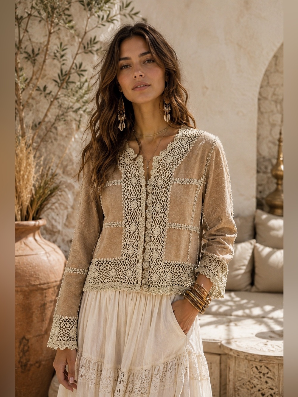 BEAUTIFUL Boho NWT VINTAGE Crochet-Trim Suede Jacket - Beige